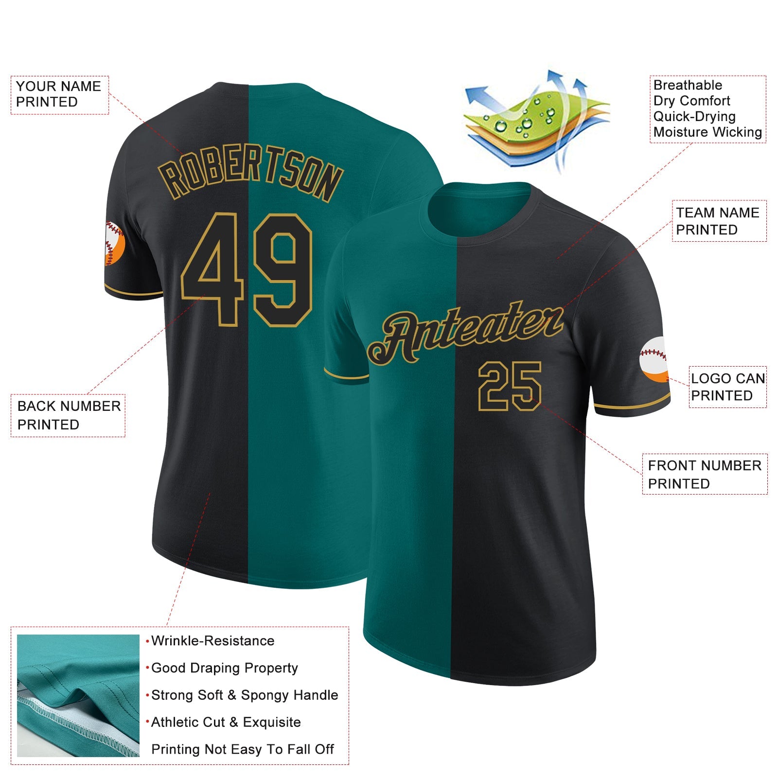 Custom Black Teal-Old Gold Split Fashion Performance T-Shirt view 2