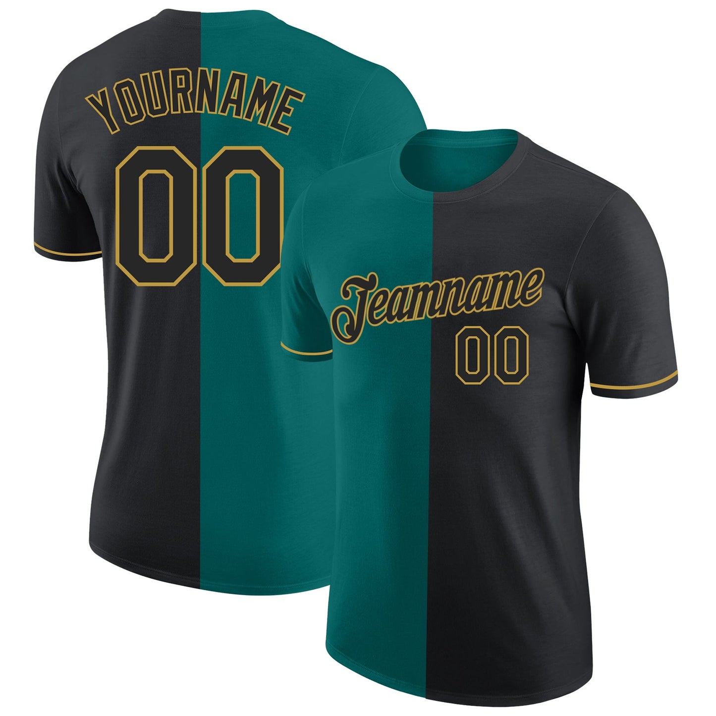Custom Black Teal-Old Gold Split Fashion Performance T-Shirt - Main View