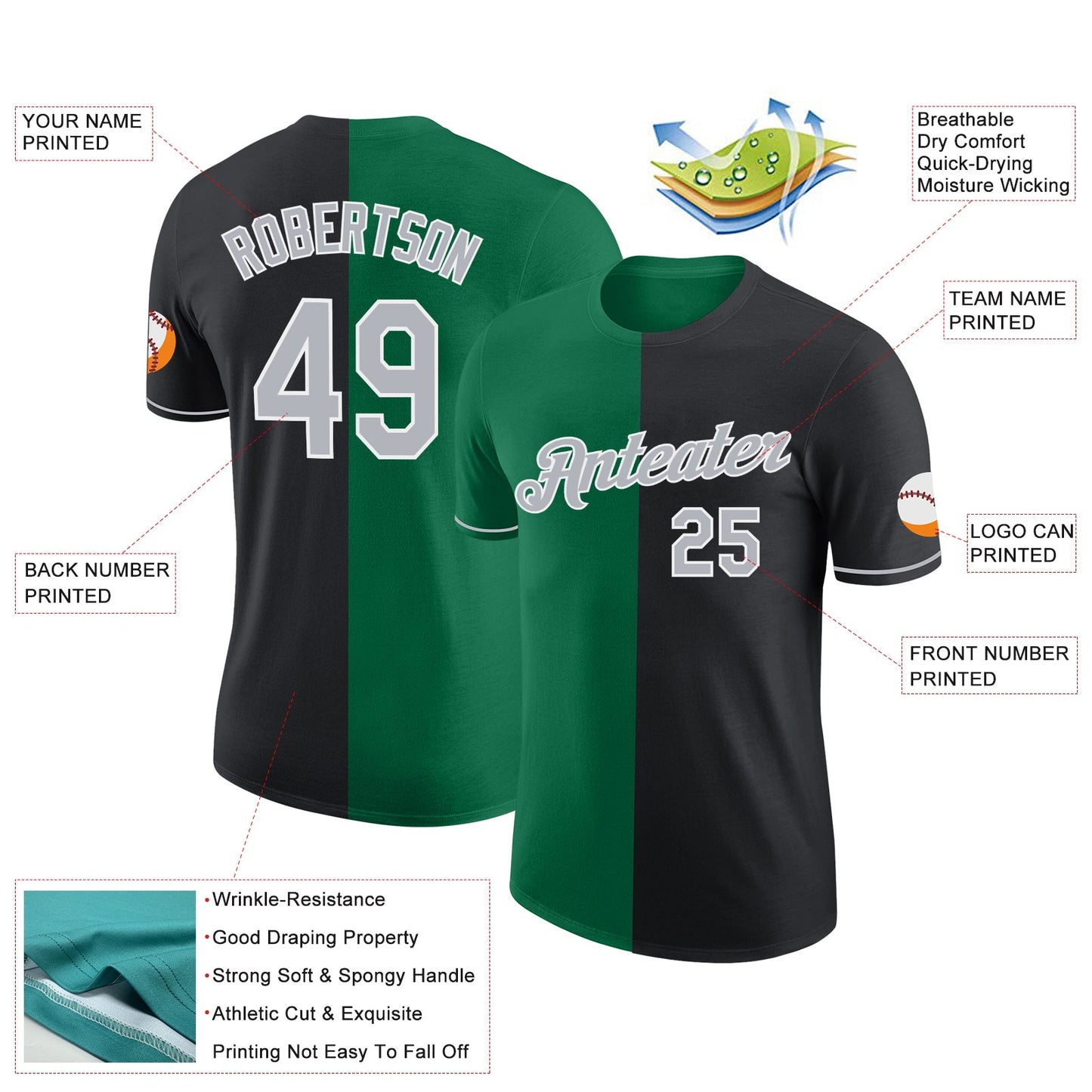 Custom Black Gray-Kelly Green Split Fashion Performance T-Shirt view 2