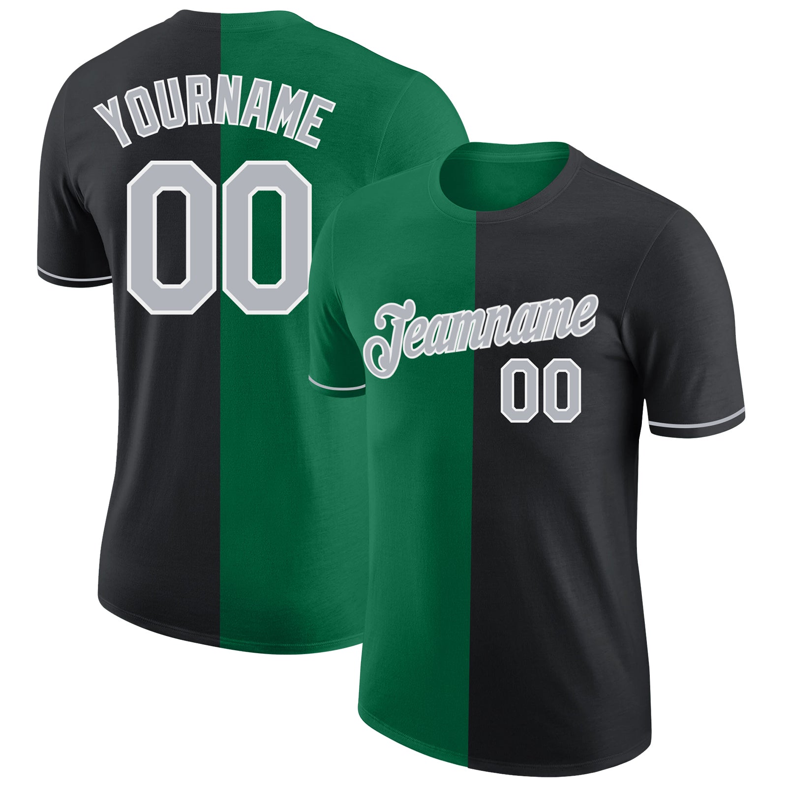 Custom Black Gray-Kelly Green Split Fashion Performance T-Shirt - Main View