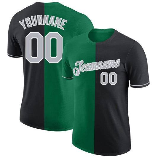 Custom Black Gray-Kelly Green Split Fashion Performance T-Shirt - Main View