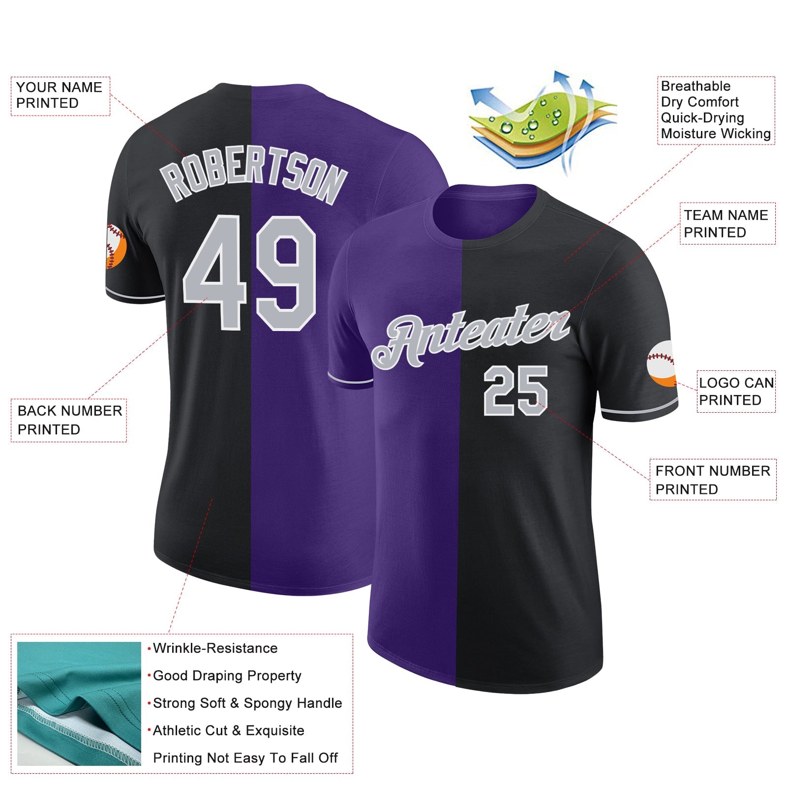 Custom Black Gray-Purple Split Fashion Performance T-Shirt view 2