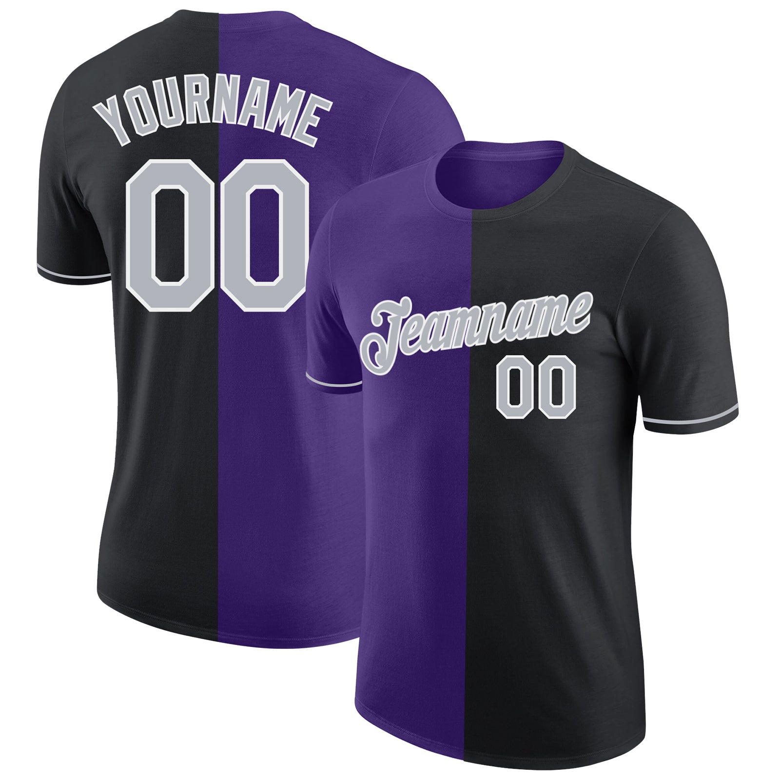 Custom Black Gray-Purple Split Fashion Performance T-Shirt - Main View