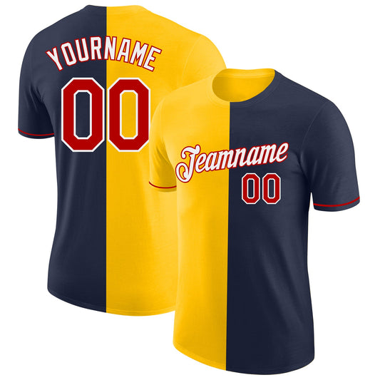 Custom Navy Red-Yellow Split Fashion Performance T-Shirt - Main View