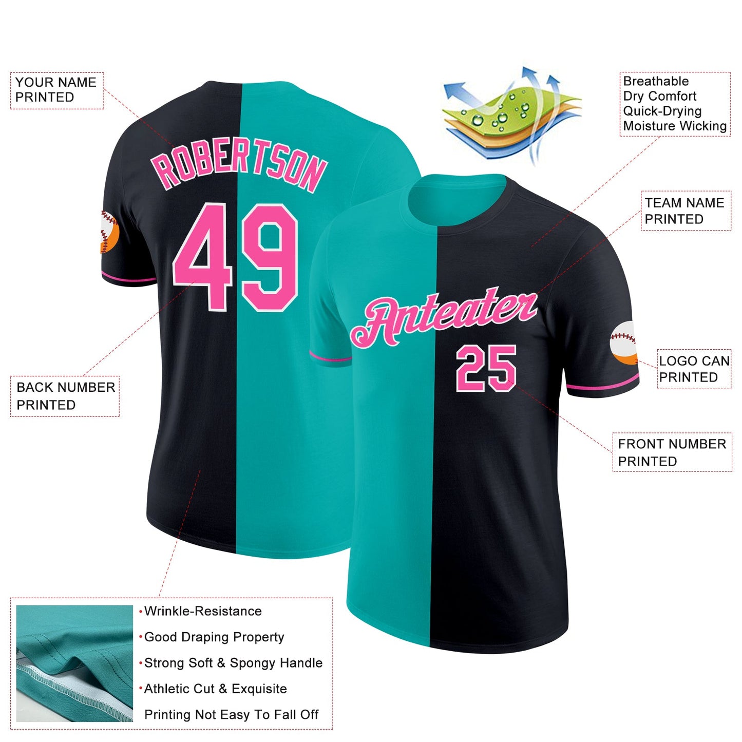 Custom Black Pink-Aqua Split Fashion Performance T-Shirt view 2