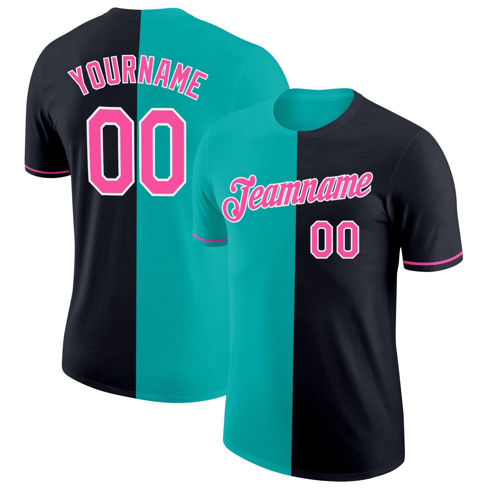 Custom Black Pink-Aqua Split Fashion Performance T-Shirt - Main View