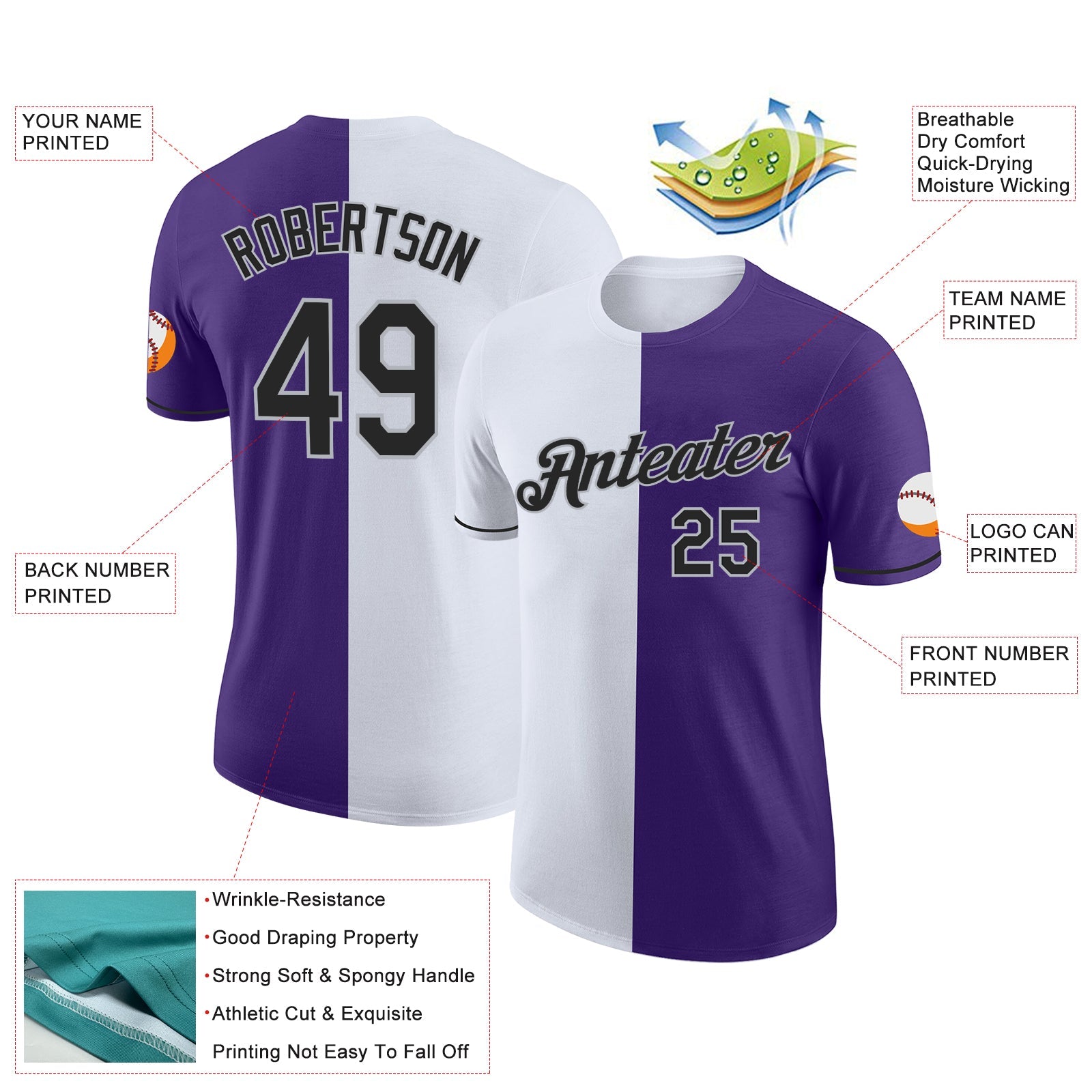 Custom Purple Black-Gray Split Fashion Performance T-Shirt view 2