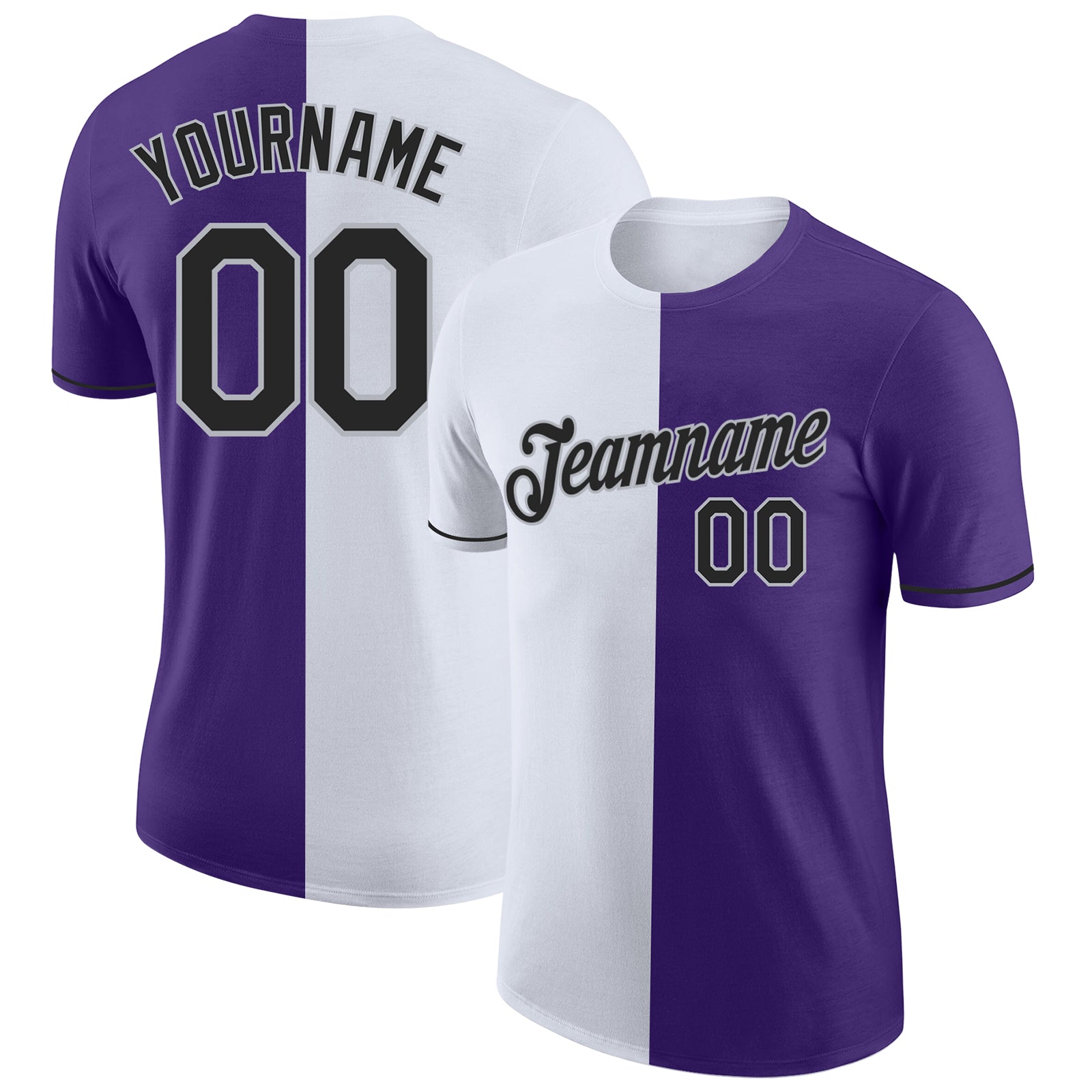Custom Purple Black-Gray Split Fashion Performance T-Shirt - Main View