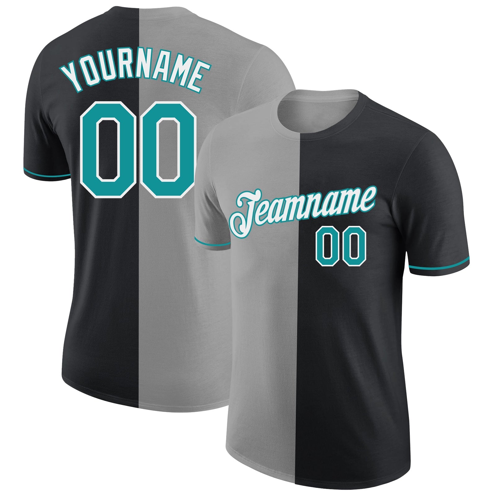 Custom Black Teal-Gray Split Fashion Performance T-Shirt - Main View