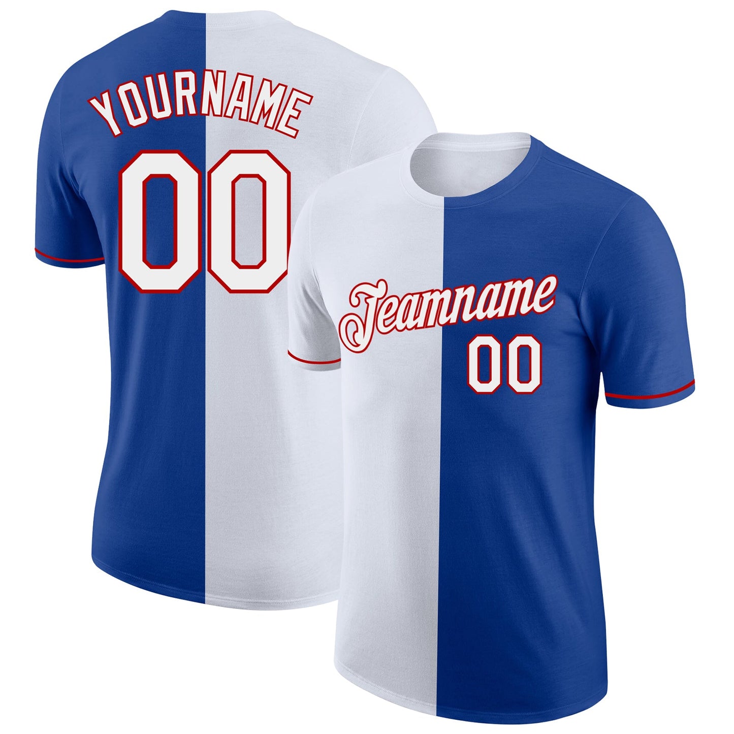 Custom Royal White-Red Split Fashion Performance T-Shirt - Main View