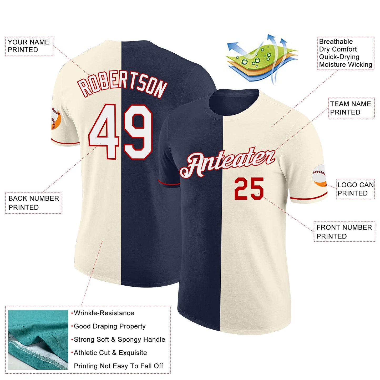 Custom Cream White Navy-Red Split Fashion Performance T-Shirt view 2
