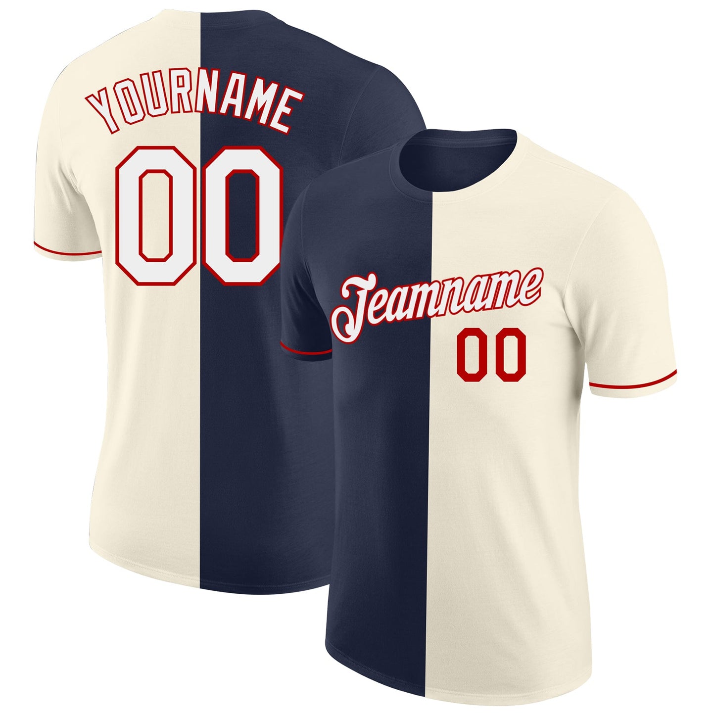 Custom Cream White Navy-Red Split Fashion Performance T-Shirt - Main View