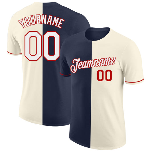 Custom Cream White Navy-Red Split Fashion Performance T-Shirt - Main View