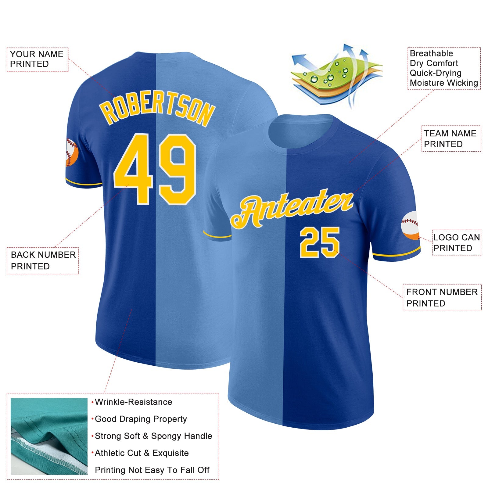 Custom Royal Yellow-Light Blue Split Fashion Performance T-Shirt view 2