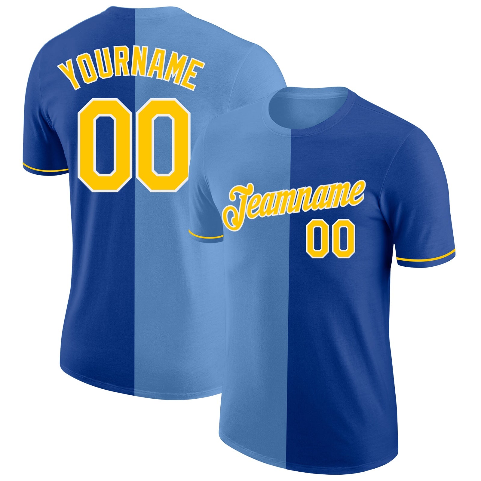 Custom Royal Yellow-Light Blue Split Fashion Performance T-Shirt - Main View