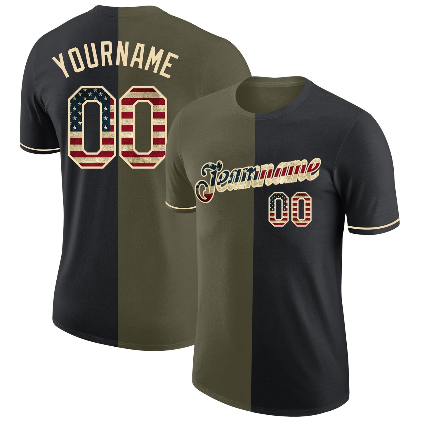 Custom Black Vintage USA Flag Olive-Cream Split Fashion Performance T-Shirt - Main View