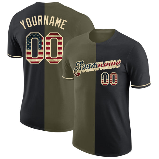 Custom Black Vintage USA Flag Olive-Cream Split Fashion Performance T-Shirt - Main View