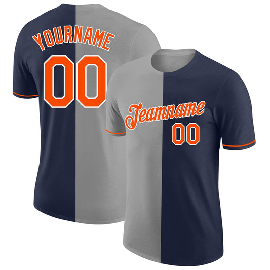 Custom Navy Orange-Gray Split Fashion Performance T-Shirt - Main View