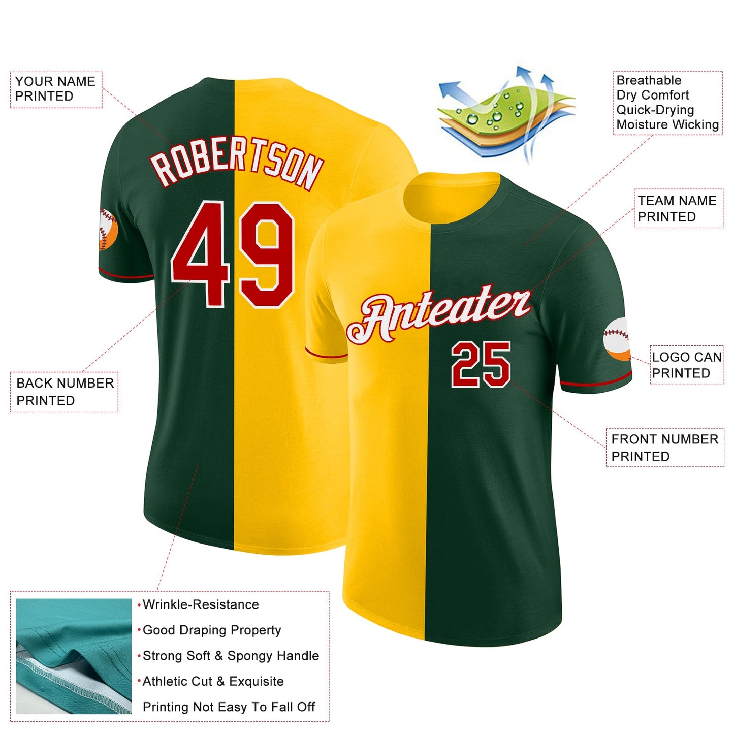 Custom Green Red-Yellow Split Fashion Performance T-Shirt view 2