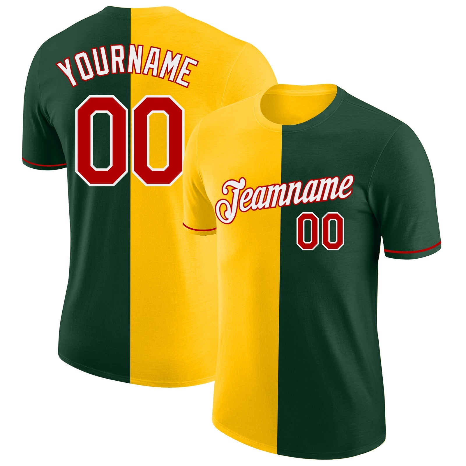 Custom Green Red-Yellow Split Fashion Performance T-Shirt - Main View