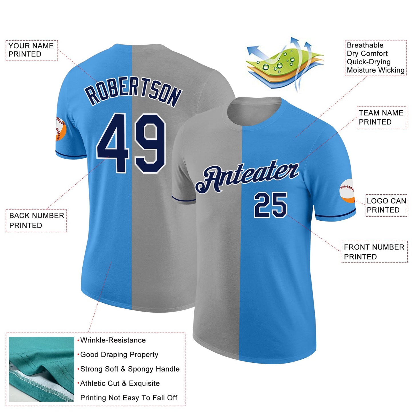 Custom Powder Blue Navy-Gray Split Fashion Performance T-Shirt view 2