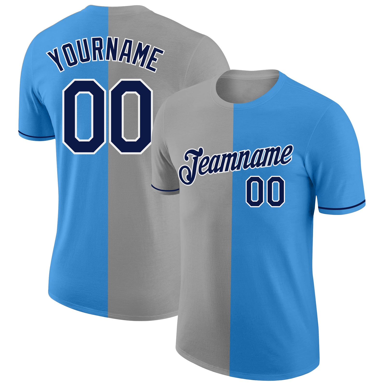 Custom Powder Blue Navy-Gray Split Fashion Performance T-Shirt - Main View