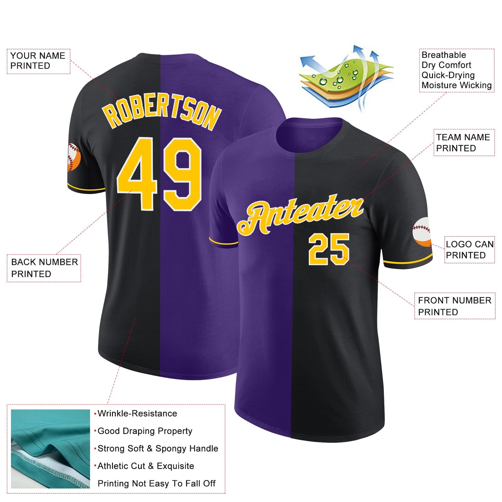 Custom Black Yellow-Purple Split Fashion Performance T-Shirt view 2