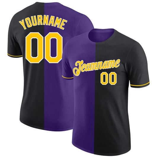Custom Black Yellow-Purple Split Fashion Performance T-Shirt - Main View