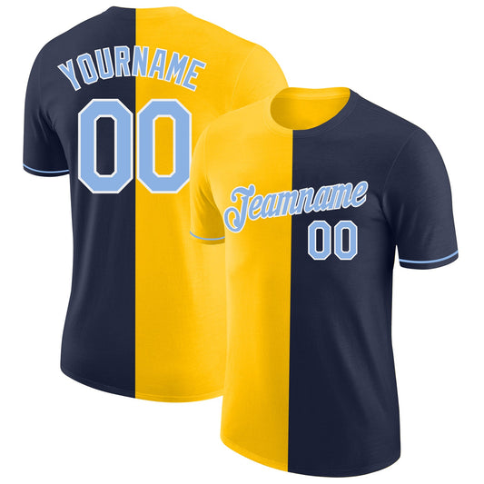 Custom Navy Light Blue-Yellow Split Fashion Performance T-Shirt - Main View