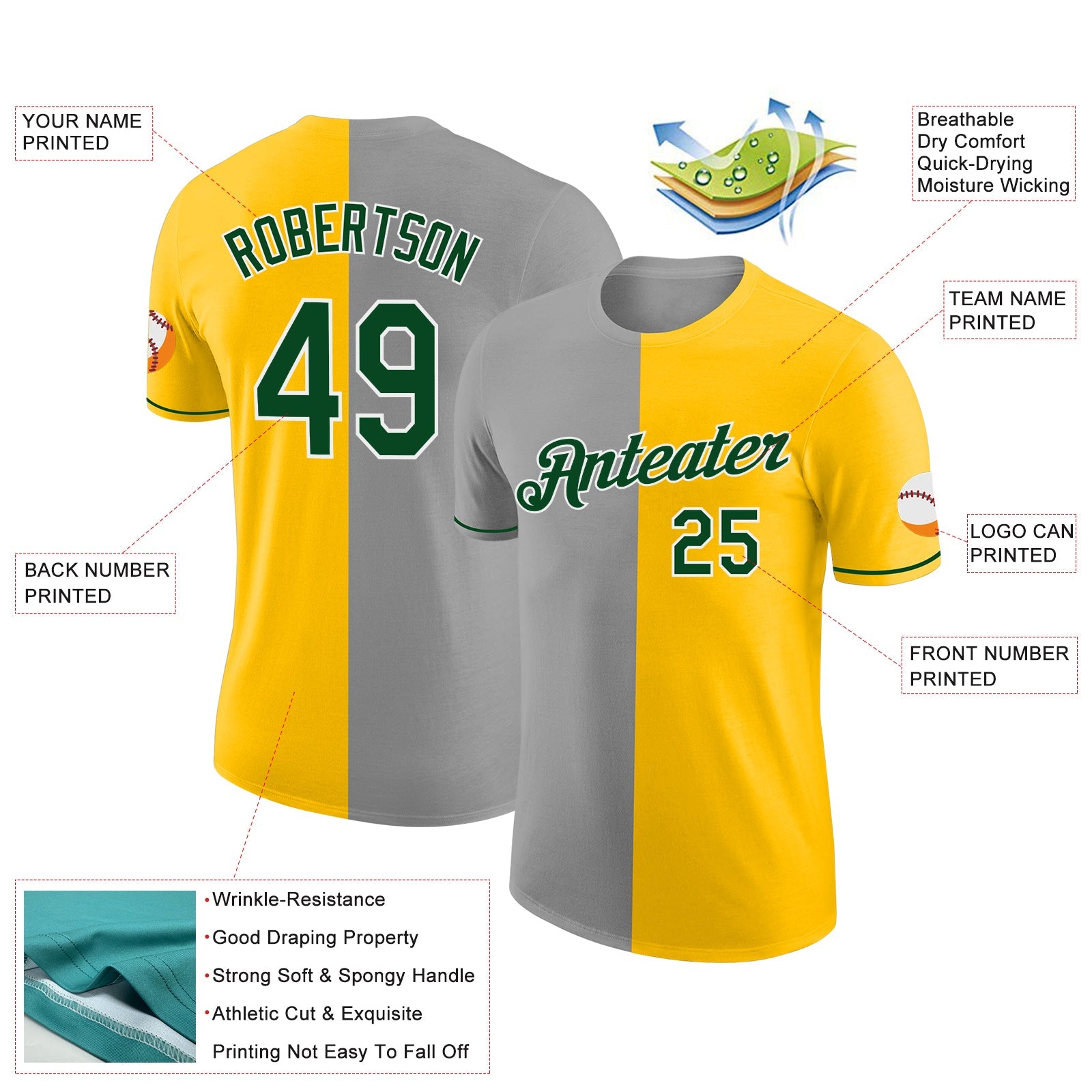 Custom Yellow Green-Gray Split Fashion Performance T-Shirt view 2