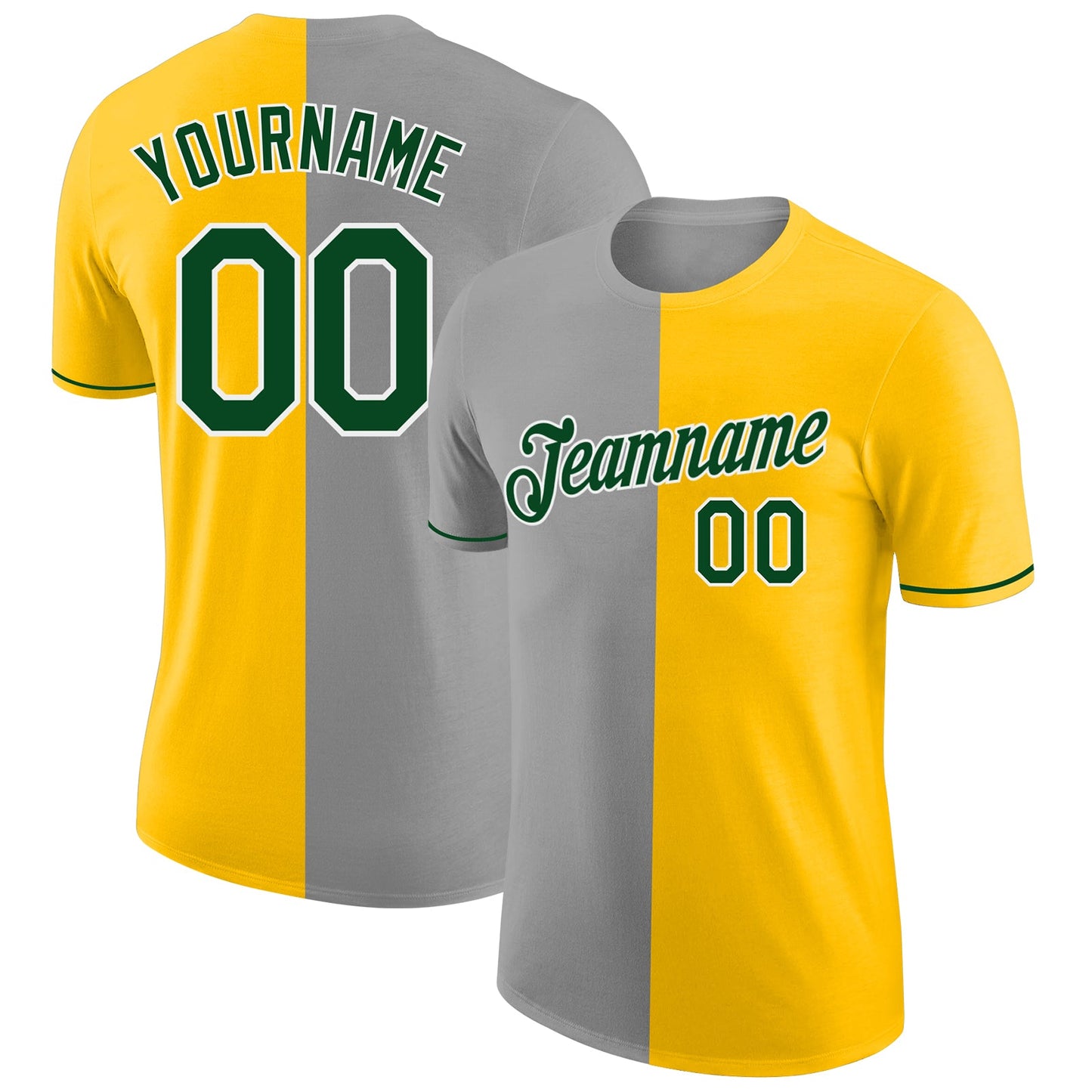 Custom Yellow Green-Gray Split Fashion Performance T-Shirt - Main View