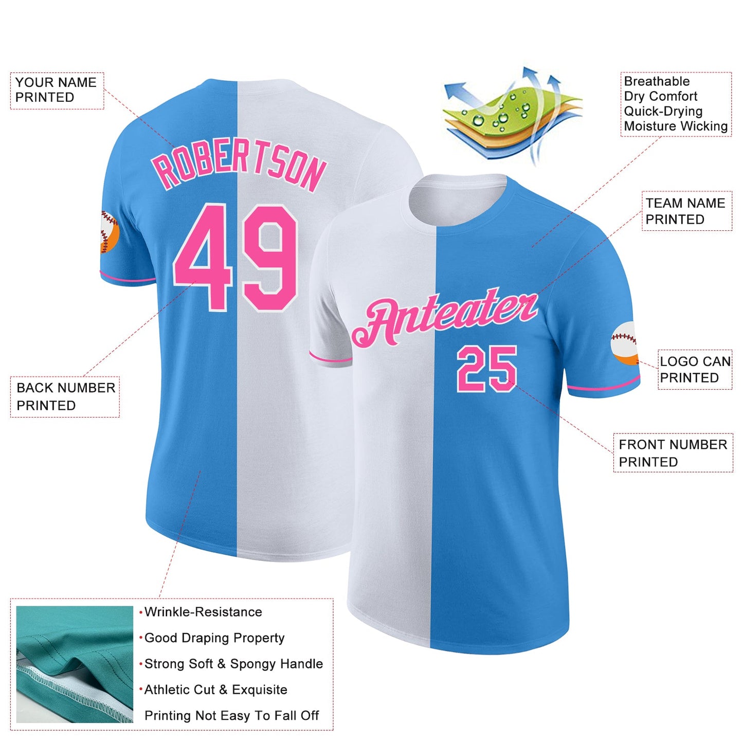 Custom Powder Blue Pink-White Split Fashion Performance T-Shirt view 2