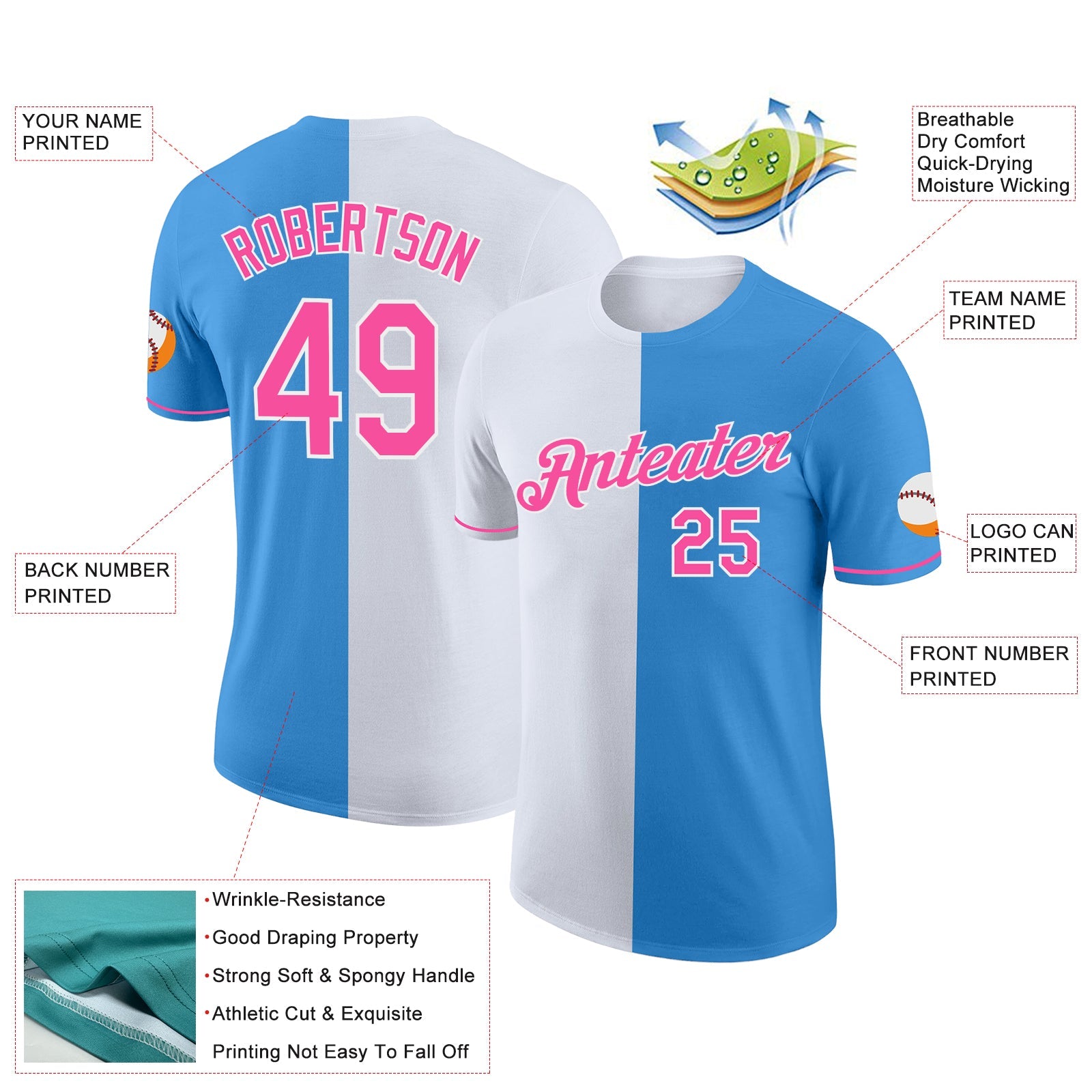 Custom Powder Blue Pink-White Split Fashion Performance T-Shirt view 2