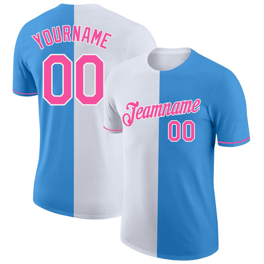 Custom Powder Blue Pink-White Split Fashion Performance T-Shirt - Main View
