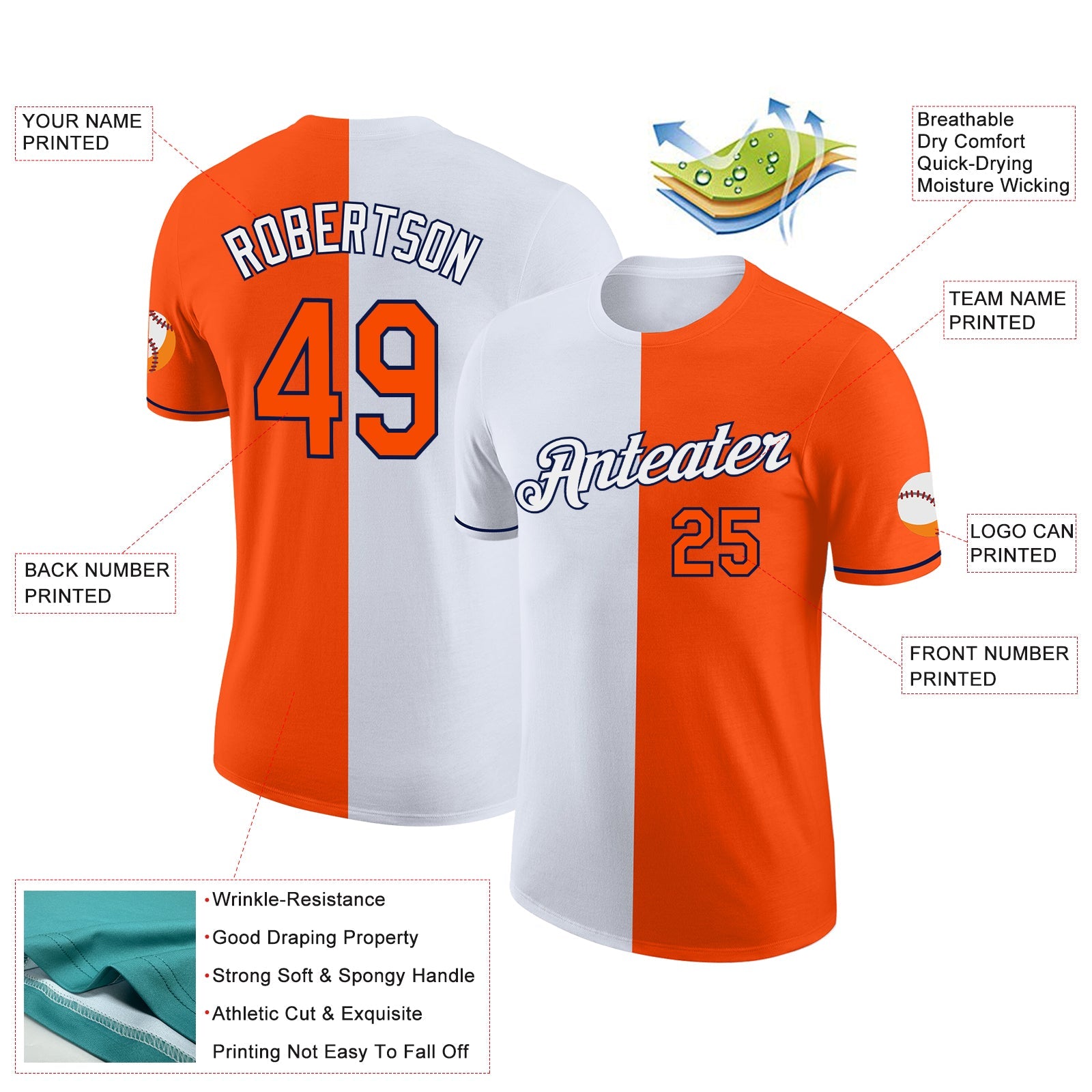 Custom Orange White-Navy Split Fashion Performance T-Shirt view 2
