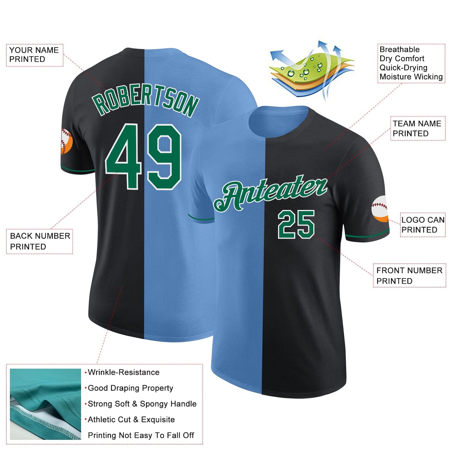 Custom Black Kelly Green-Light Blue Split Fashion Performance T-Shirt view 2