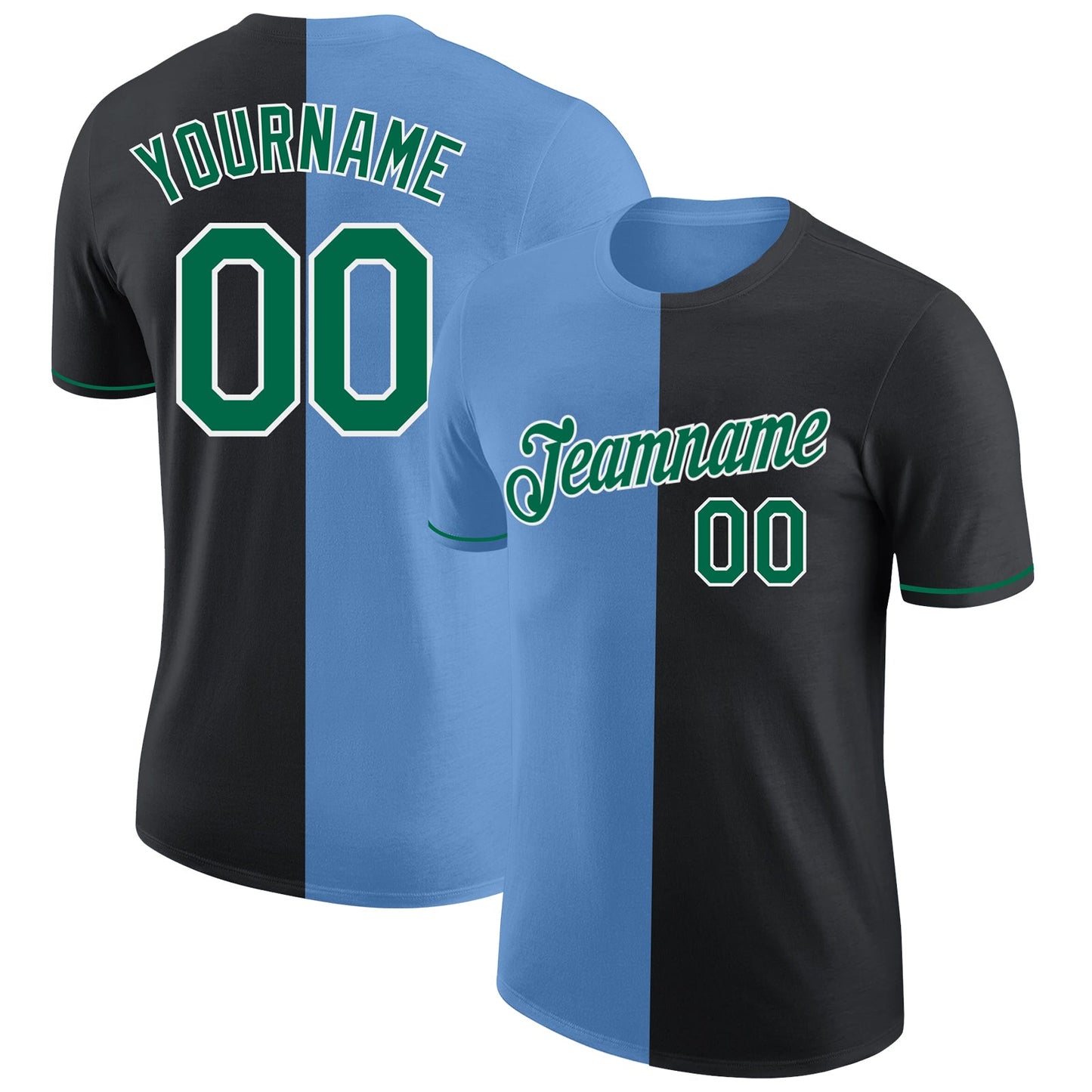 Custom Black Kelly Green-Light Blue Split Fashion Performance T-Shirt - Main View