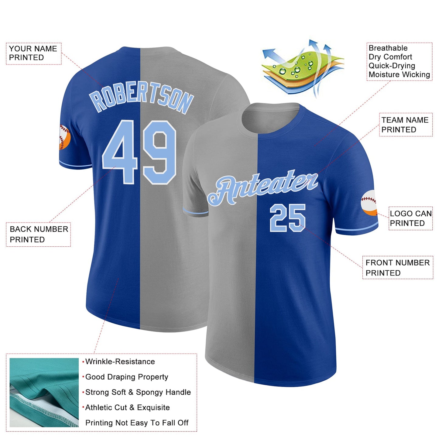 Custom Royal Light Blue-Gray Split Fashion Performance T-Shirt view 2