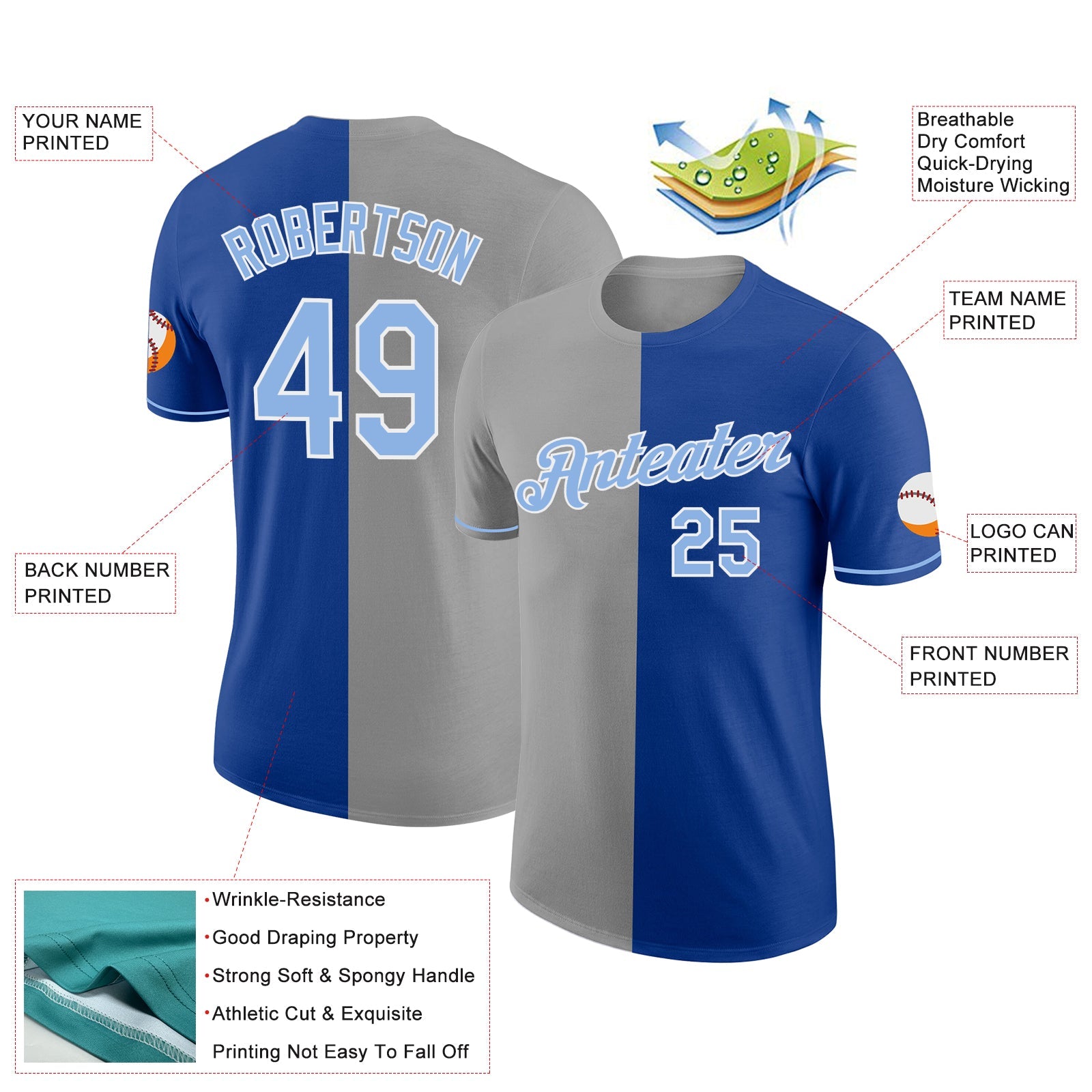 Custom Royal Light Blue-Gray Split Fashion Performance T-Shirt view 2