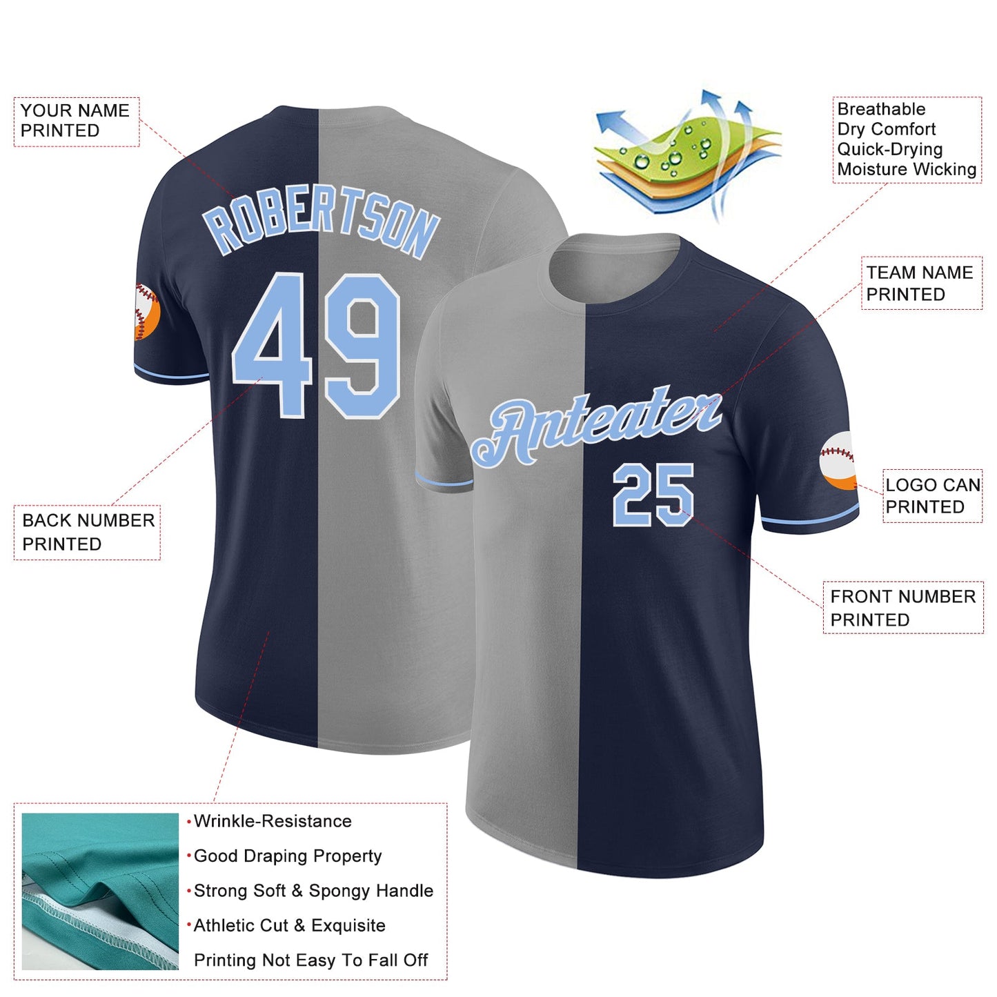 Custom Navy Light Blue-Gray Split Fashion Performance T-Shirt view 2