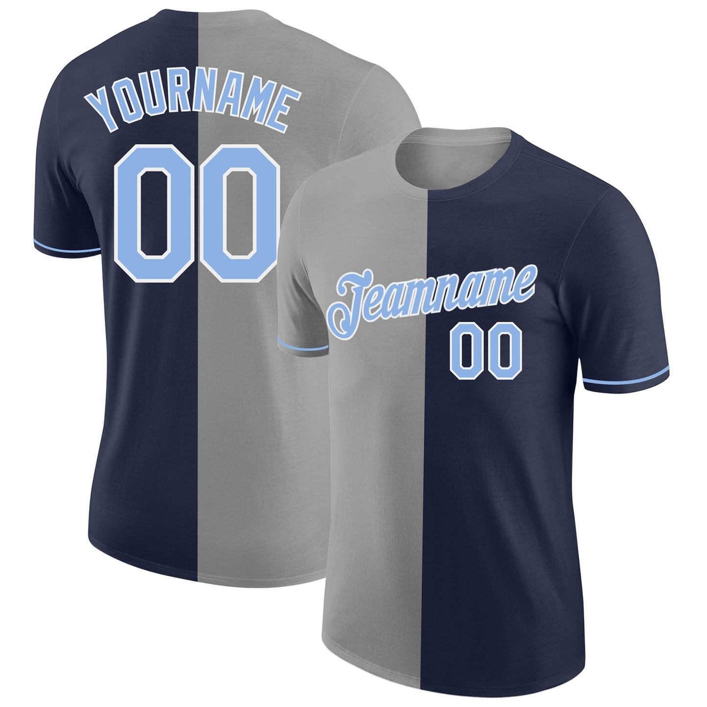 Custom Navy Light Blue-Gray Split Fashion Performance T-Shirt - Main View