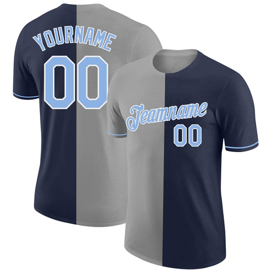 Custom Navy Light Blue-Gray Split Fashion Performance T-Shirt - Main View