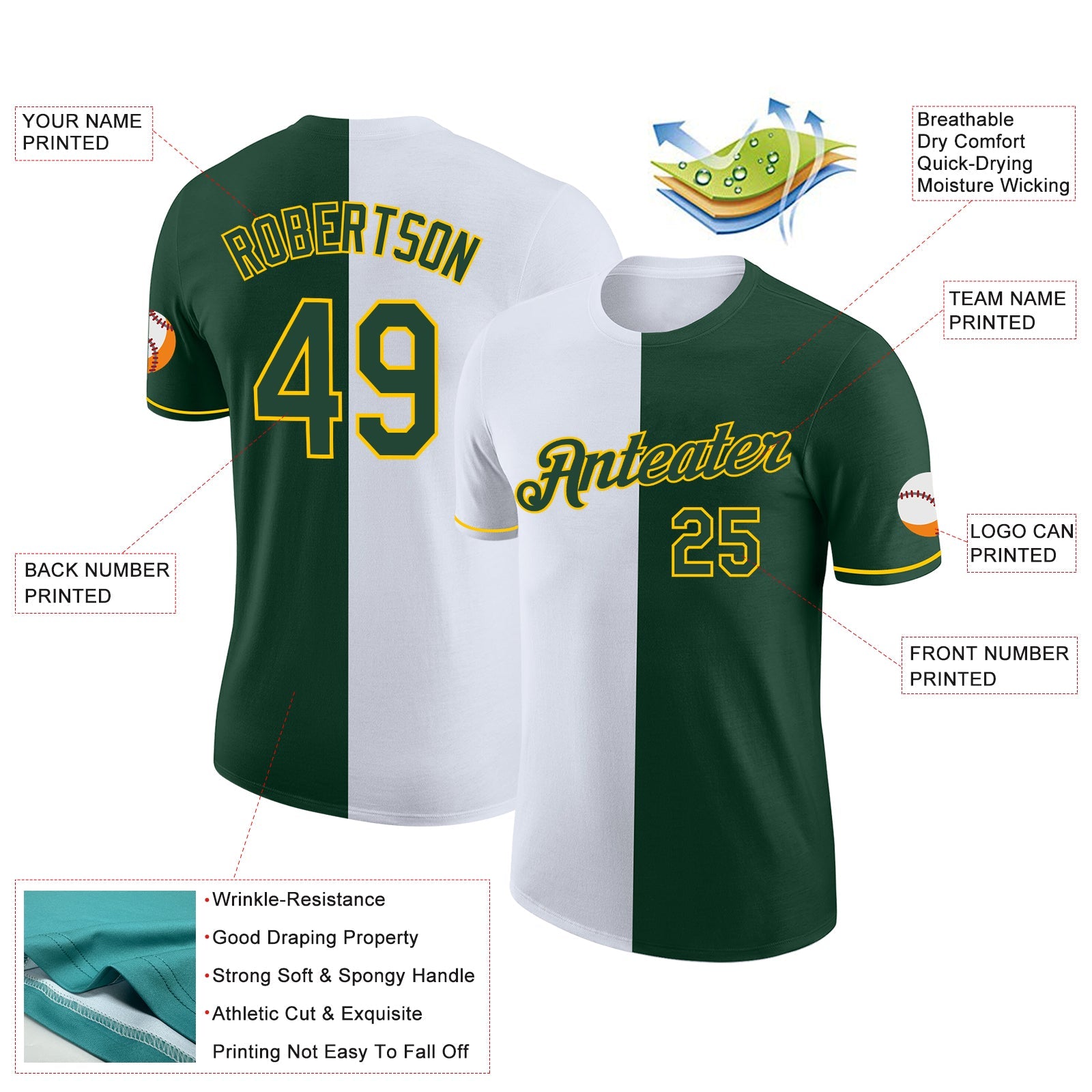 Custom Green White-Yellow Split Fashion Performance T-Shirt view 2