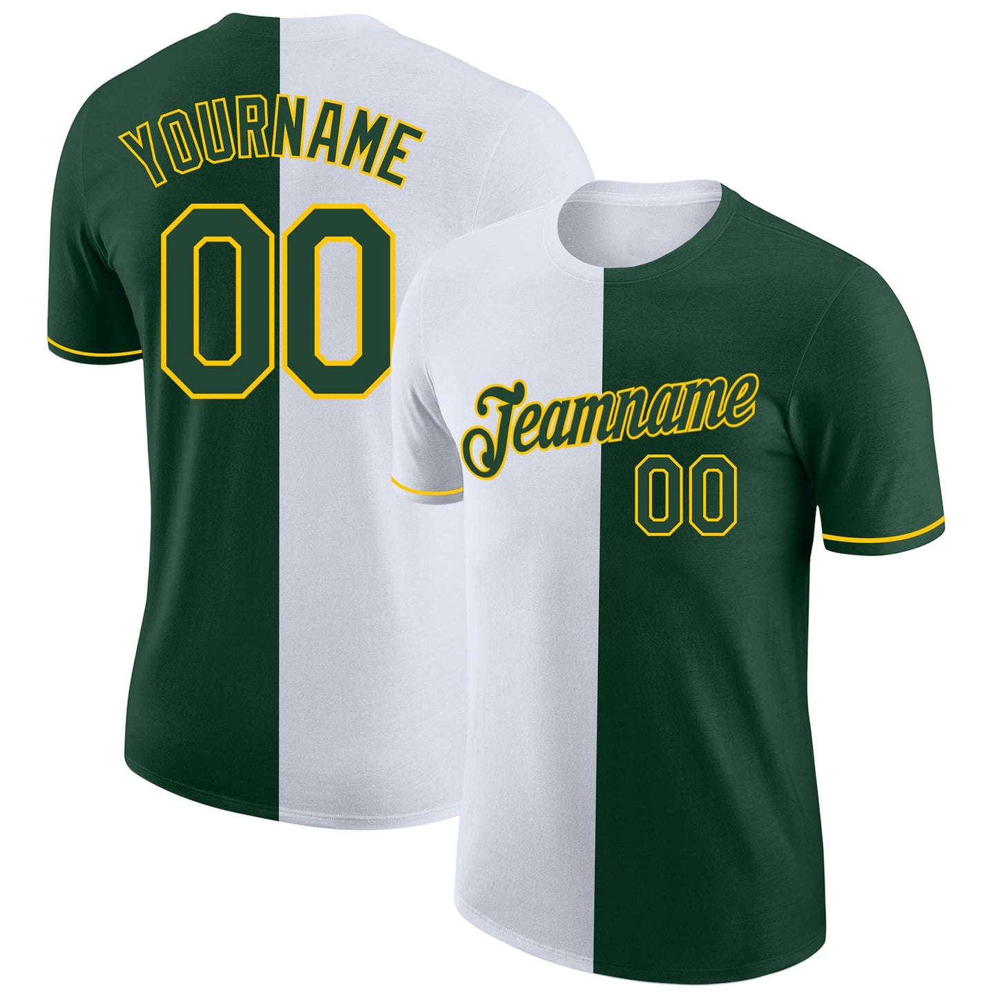 Custom Green White-Yellow Split Fashion Performance T-Shirt - Main View