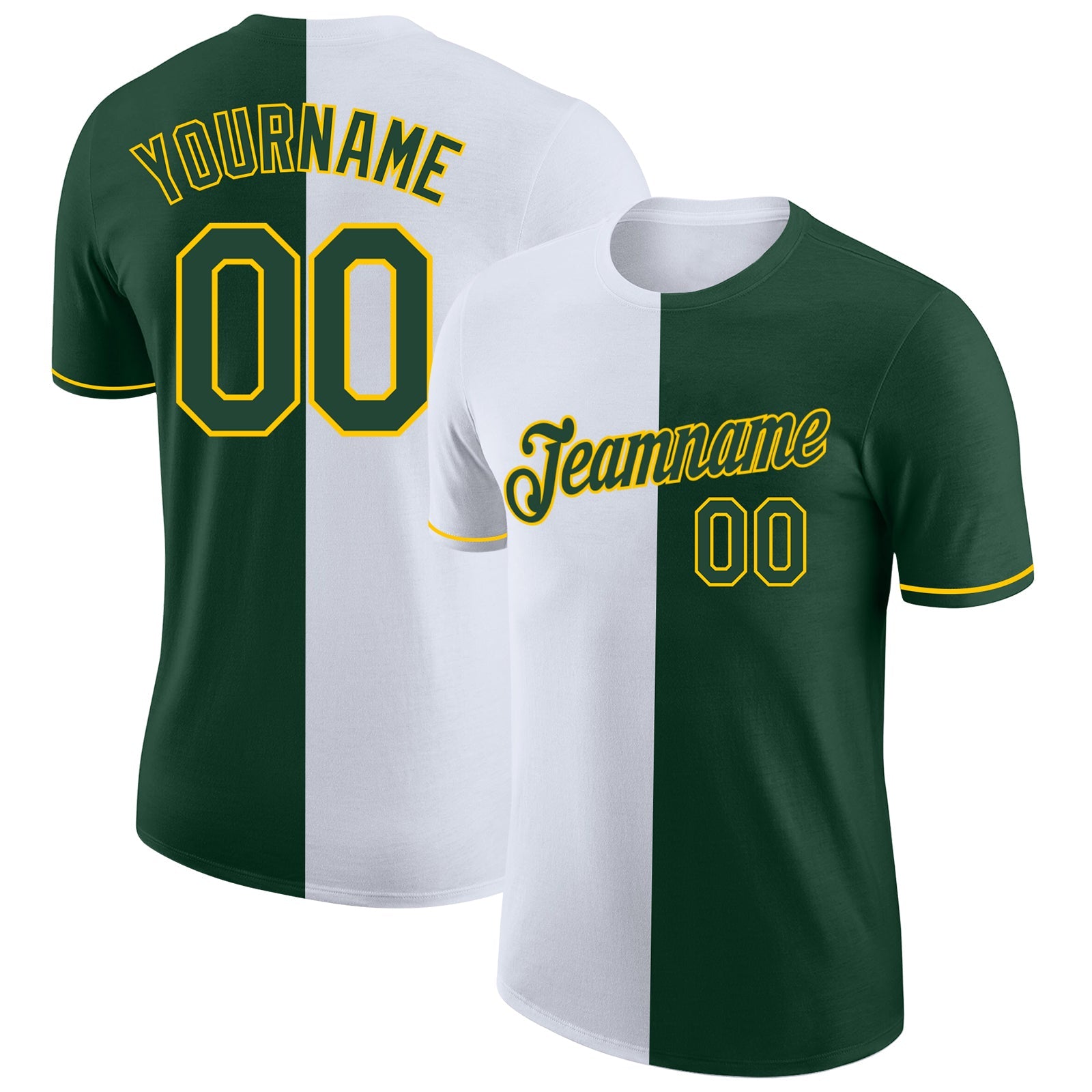 Custom Green White-Yellow Split Fashion Performance T-Shirt - Main View