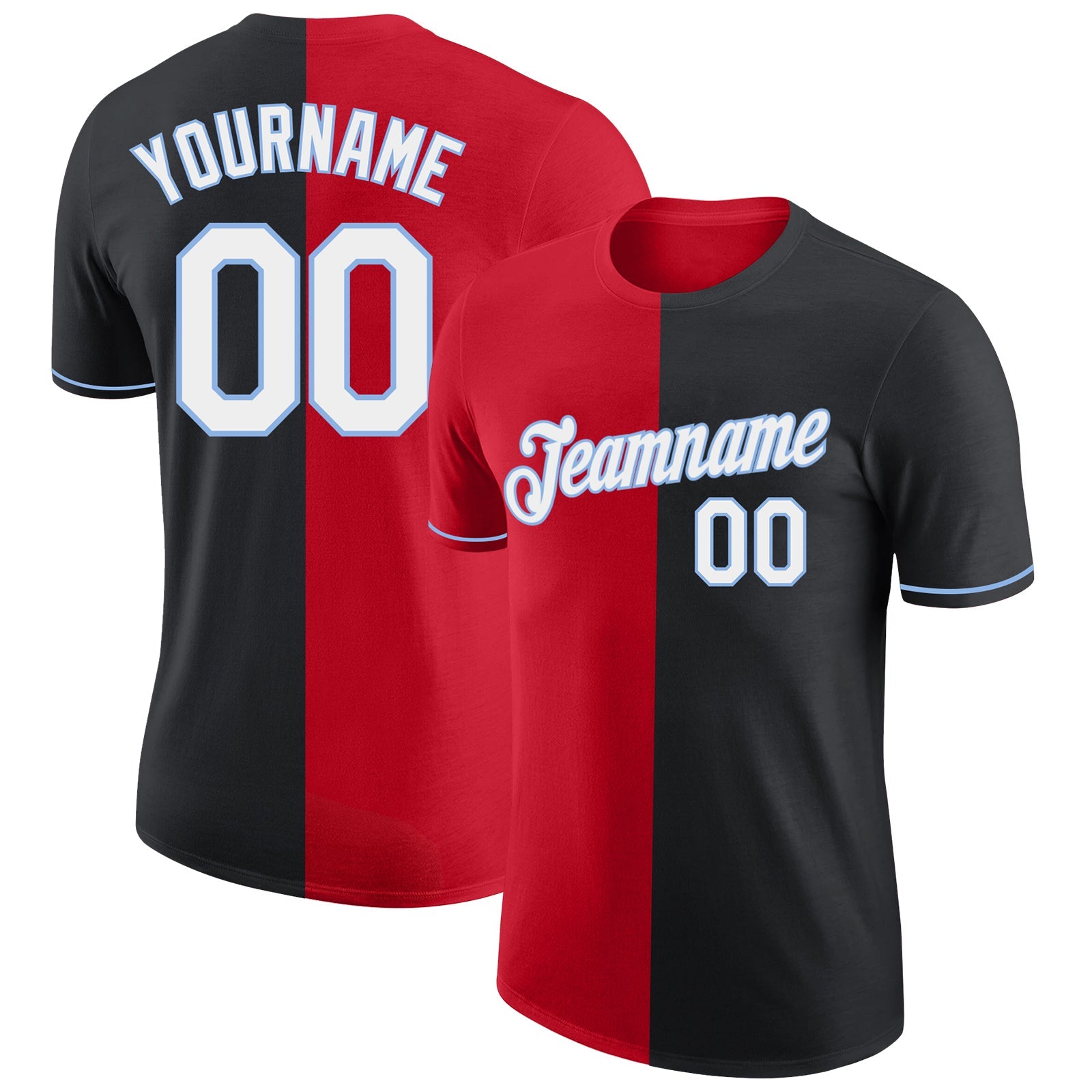 Custom Black Red-Light Blue Split Fashion Performance T-Shirt - Main View