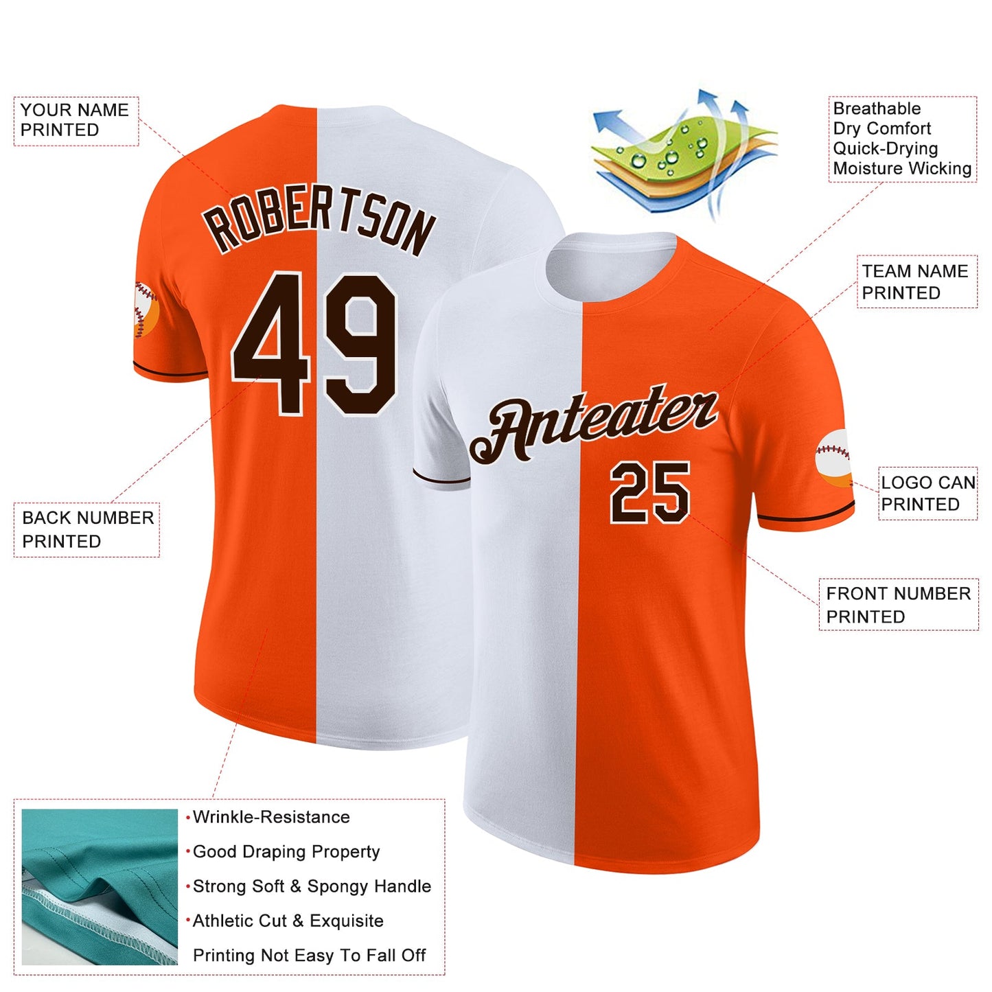 Custom Orange Brown-White Split Fashion Performance T-Shirt view 2