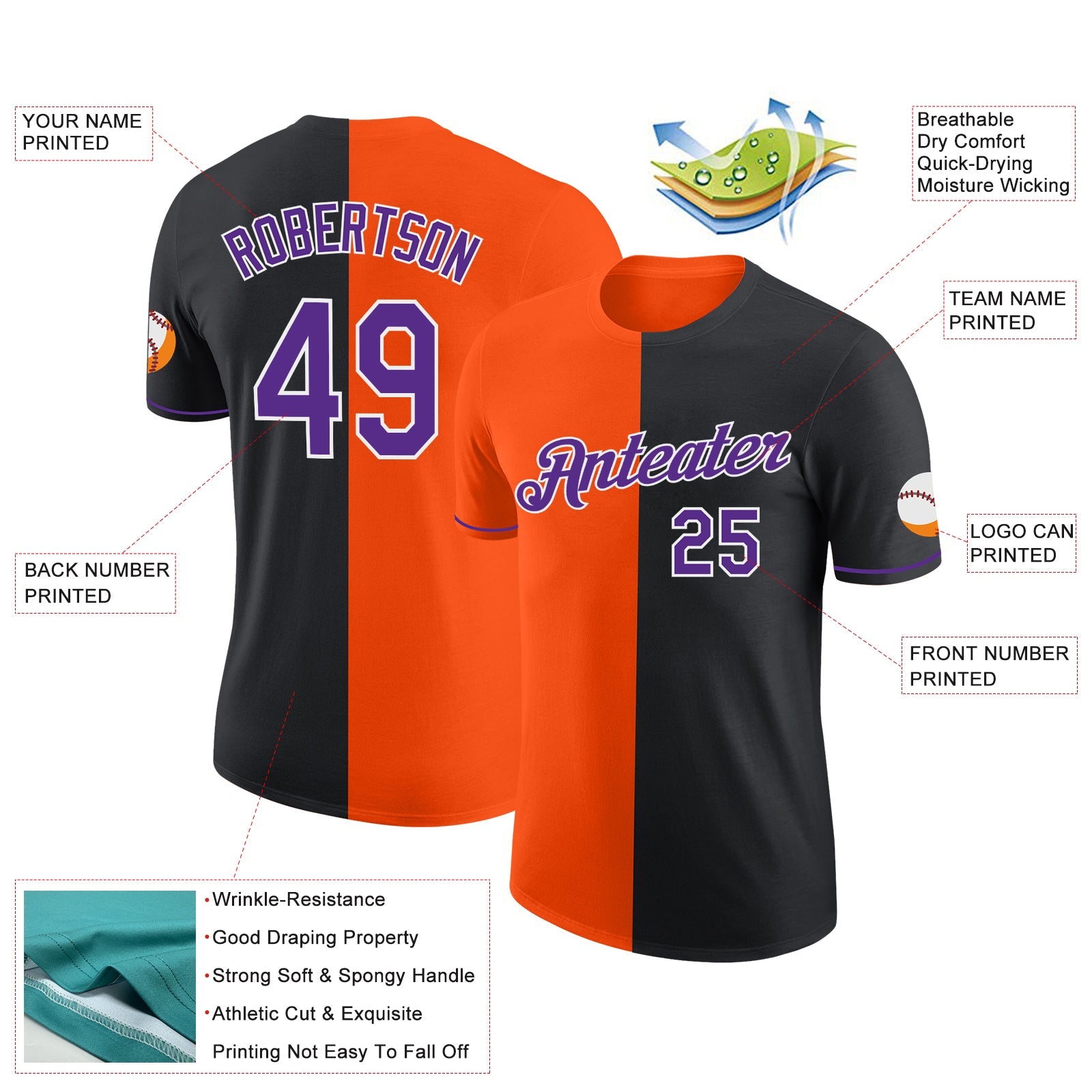 Custom Black Purple-Orange Split Fashion Performance T-Shirt view 2