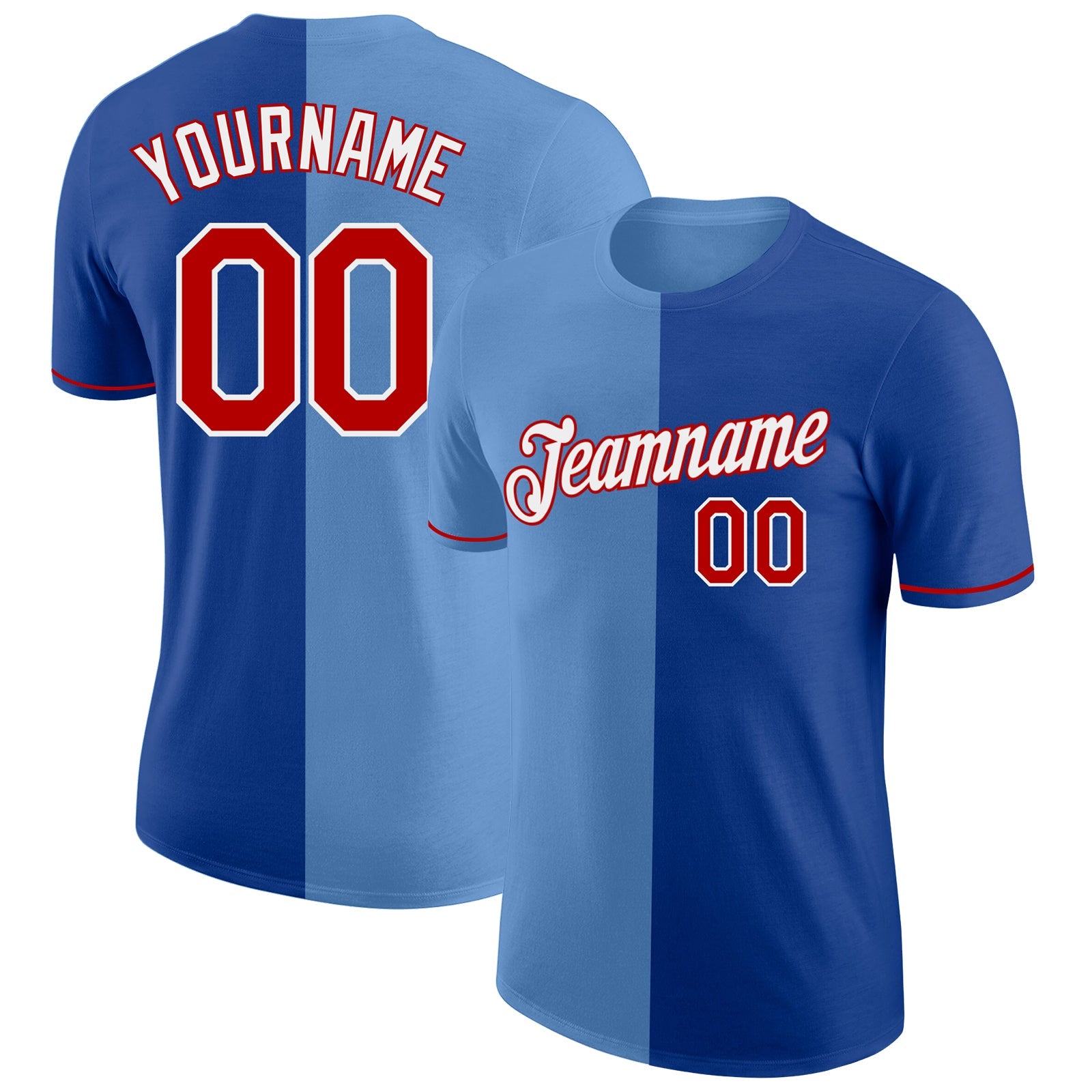 Custom Royal Red-Light Blue Split Fashion Performance T-Shirt - Main View