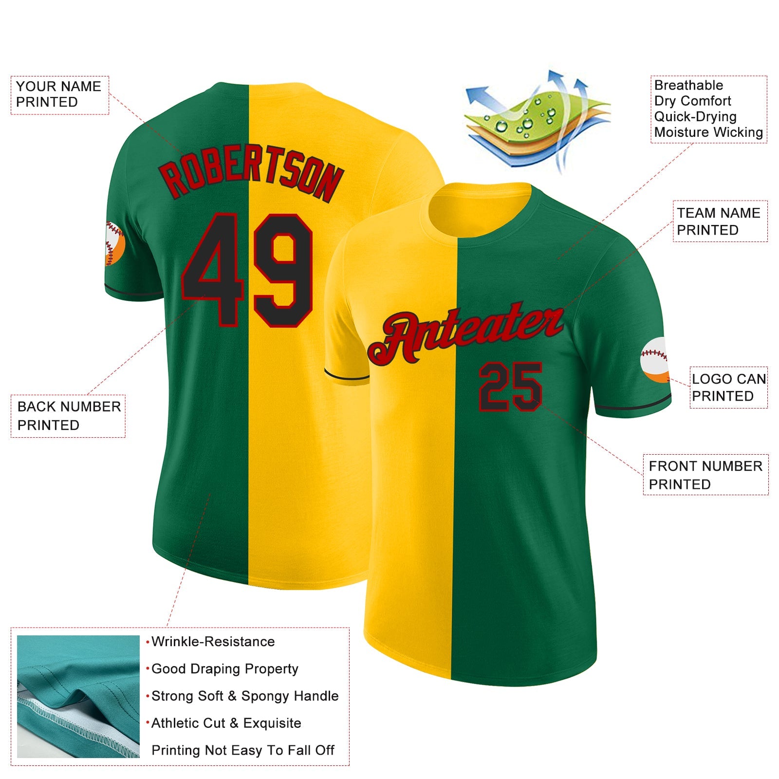 Custom Kelly Green Black Yellow-Red Split Fashion Performance T-Shirt view 2